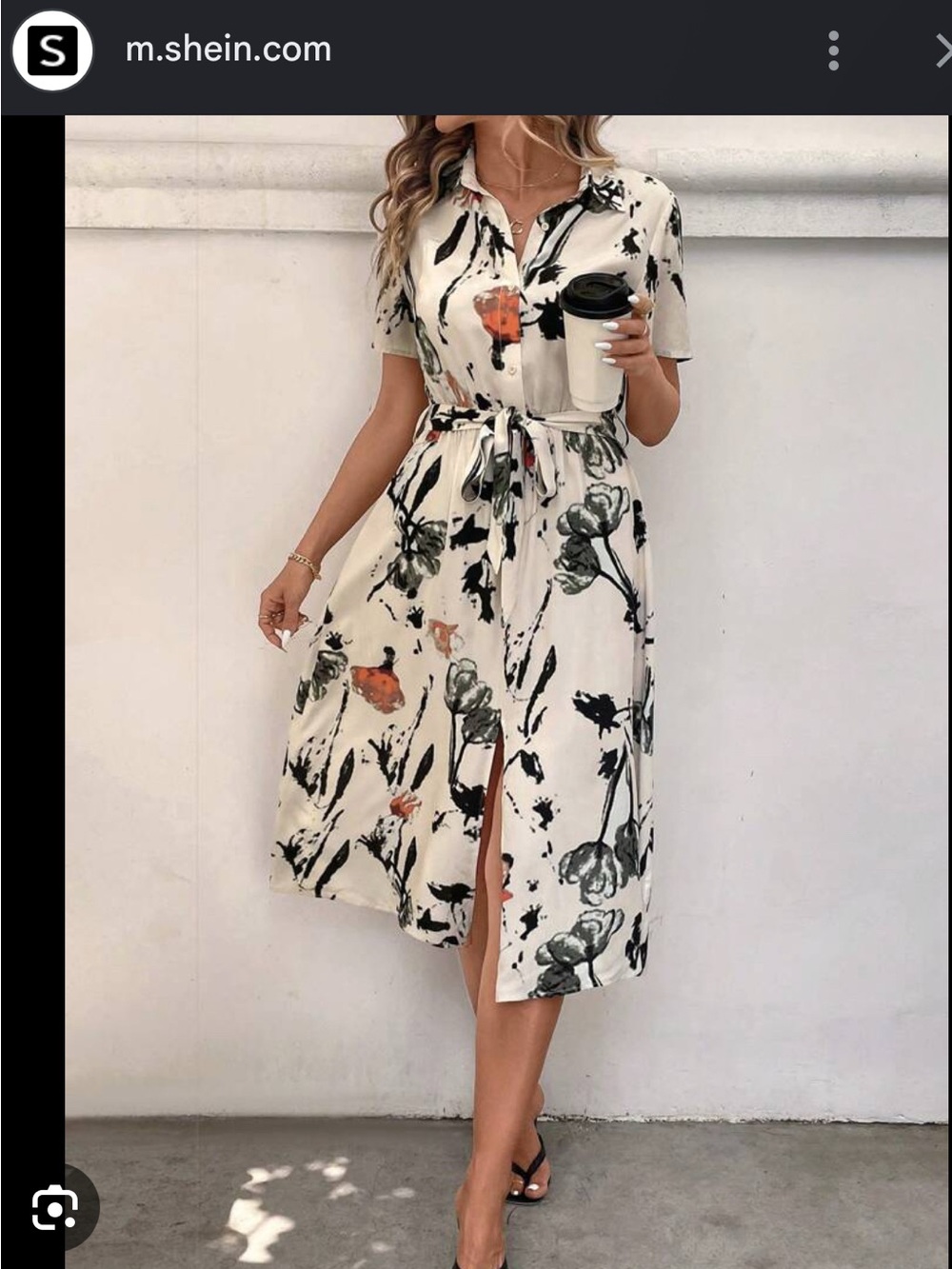SHEIN White Floral Button-Front Midi Shirt Dress with Tie Waist